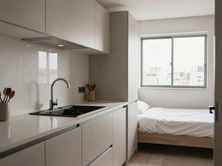 Compact studio quitinete interior in São Paulo Zona Norte — kitchenette counter, single bed area, bright window with natural daylight, clean and functional, real unit condition