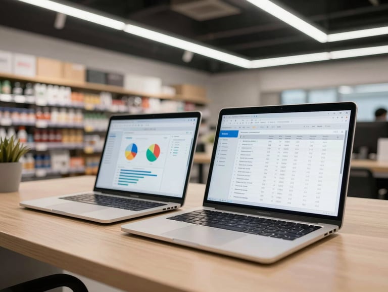 Wide-angle shot of a modern retail back-office desk, a notebook and tablet side by side both displaying a multi-branch ERP dashboard with charts and inventory tables, overhead shop lighting, no people visible, clean and focused