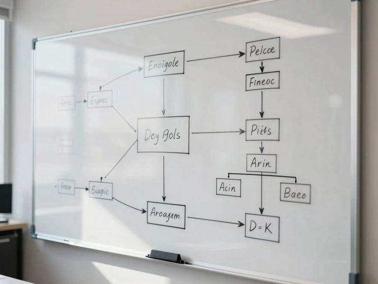A clean whiteboard covered in structured flowcharts and organizational diagrams, sharp focus, bright office daylight.
