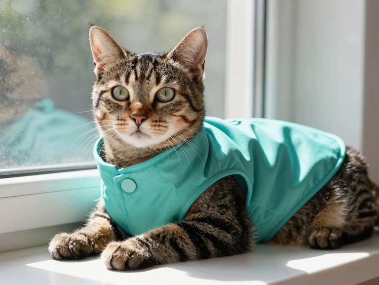 Calm tabby cat lounging near a sunny window wearing a soft teal collar and matching lightweight vest, cozy atmosphere