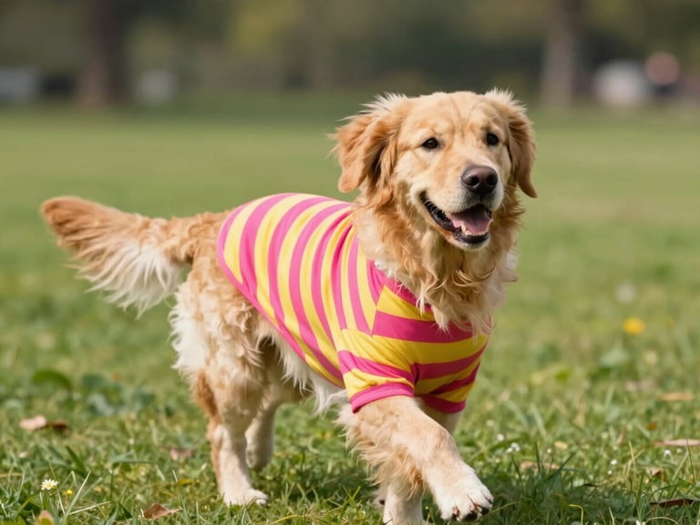 Happy golden retriever running in a park wearing a vibrant pink and yellow striped shirt, bright daylight, eye-level