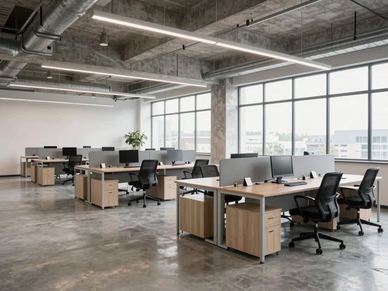 Modern open-plan office space with industrial-lite design, polished concrete floors, exposed ceiling pipes, comfortable workstations, bright daylight, 35mm
