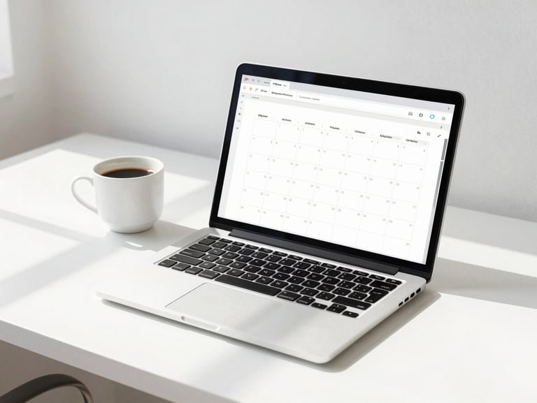 A clean modern desk setup with a laptop showing a clean calendar, a coffee cup, and natural light streaming in, 35mm