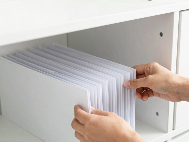 Close-up of hands organizing neatly labeled folders in a clean minimalist cabinet, bright daylight, sharp focus