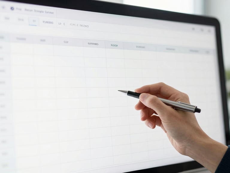 A close-up of a clean spreadsheet on a monitor screen, with a hand holding a sleek pen, bright high-key office lighting, minimalist