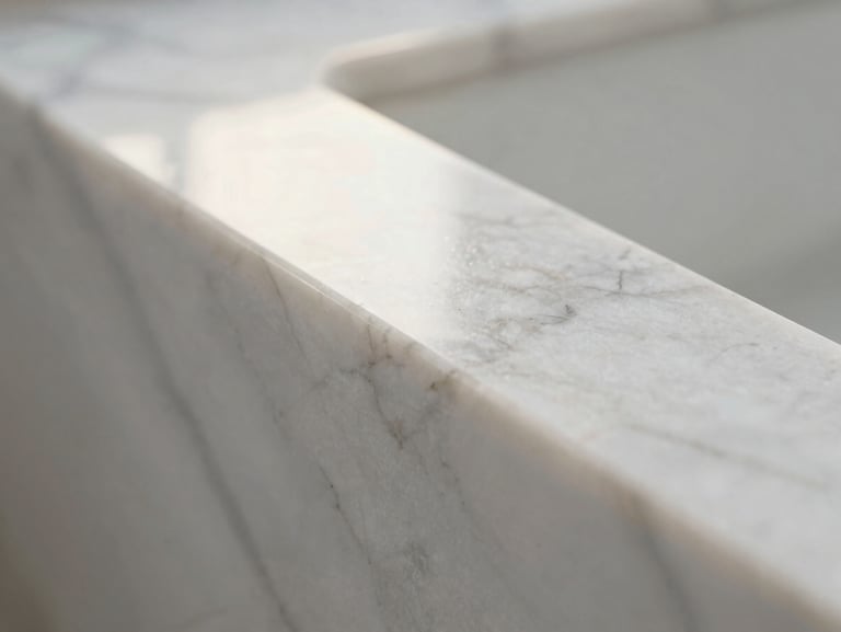 Macro close-up of polished natural white marble reflecting soft morning light, clean lines, serene texture.