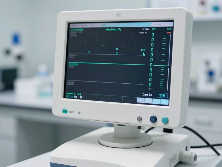 Clinical diagnostic monitor showing active medical data in a bright laboratory, sterile background
