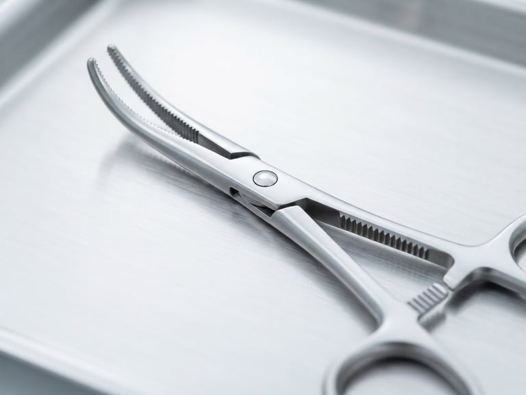 A macro close-up of sterile surgical forceps made of high-grade stainless steel, resting on a clean metallic tray under bright clinical white light, sharp focus, silver reflections.