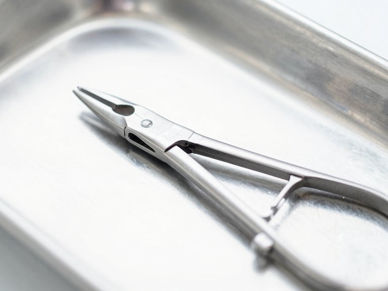 Macro close-up of surgical-grade stainless steel forceps resting on a sterile metal tray, bright clinical white light with soft silver reflections, sharp focus.