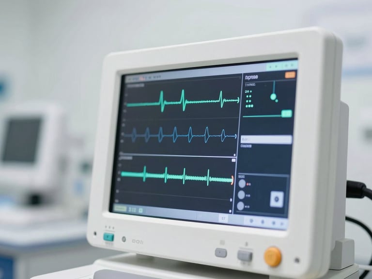 Close-up of a high-tech medical diagnostic monitor showing precise wave-forms in a sterile clinical laboratory, bright white lighting, sharp depth of field.