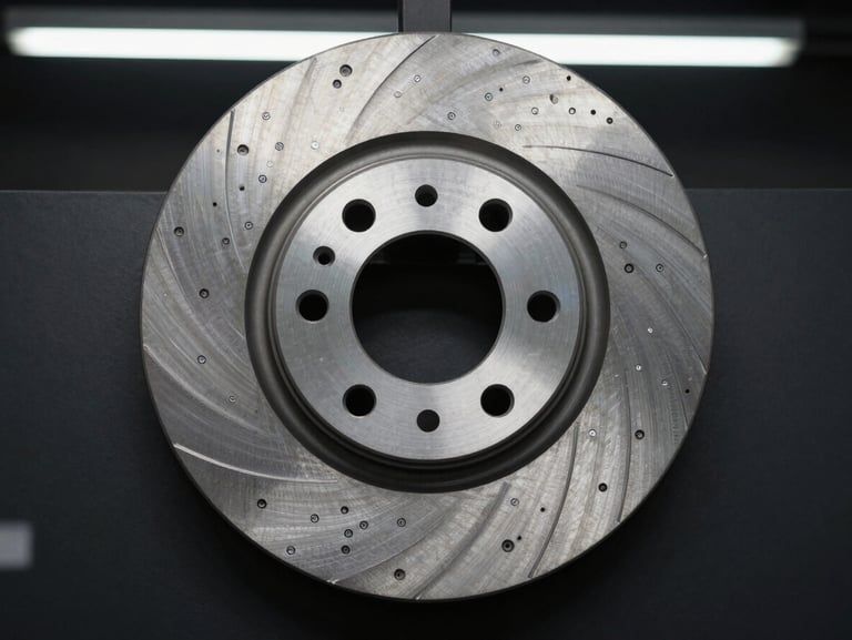 Top-down technical layout of a pristine machined steel brake rotor on a dark matte background, high-contrast workshop fluorescent light highlighting the metallic serial numbers.