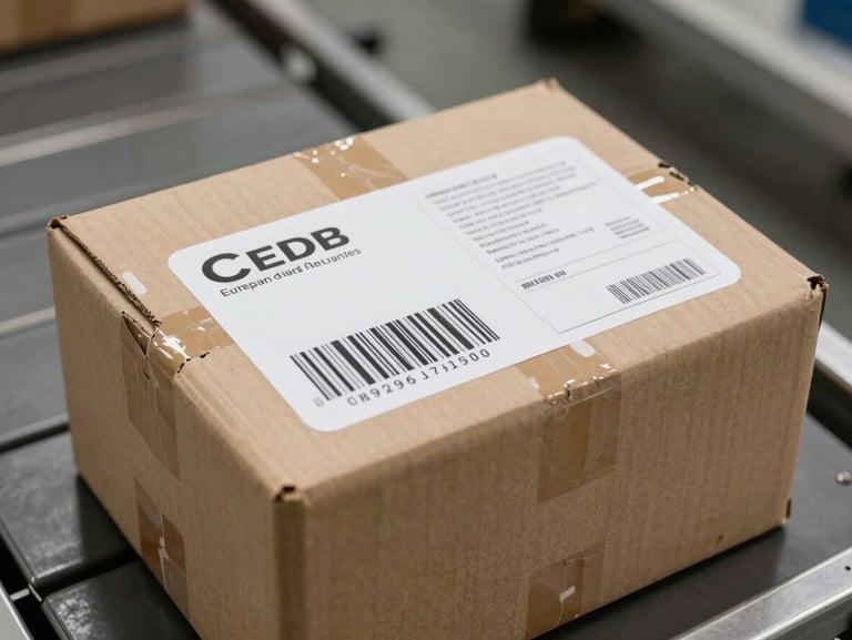 Close-up of a shipping package with a clean white European destination label, bold black tracking barcode, sitting on a metal conveyor belt.