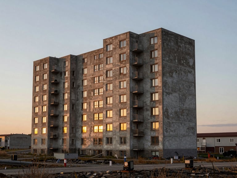 Wide environmental shot of a brutalist residential exterior sitting in a rugged landscape, warm light spilling from the windows at dusk.