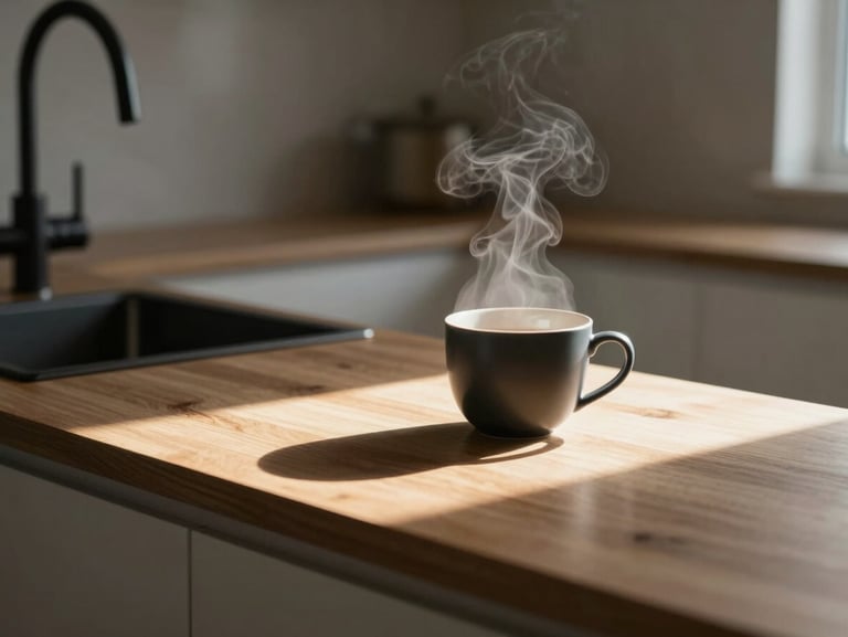 An intimate interior kitchen space with soft steam rising from a cup, natural light casting long shadows across a warm timber countertop and matte black fixtures