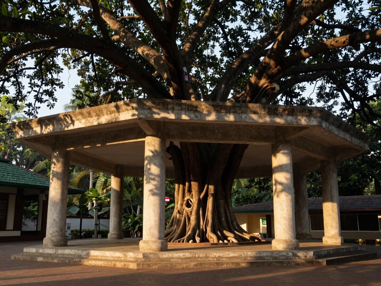 Exterior elevation of the Banyan Pavilion, concrete columns integrating with mature banyan trees, golden hour shadows.