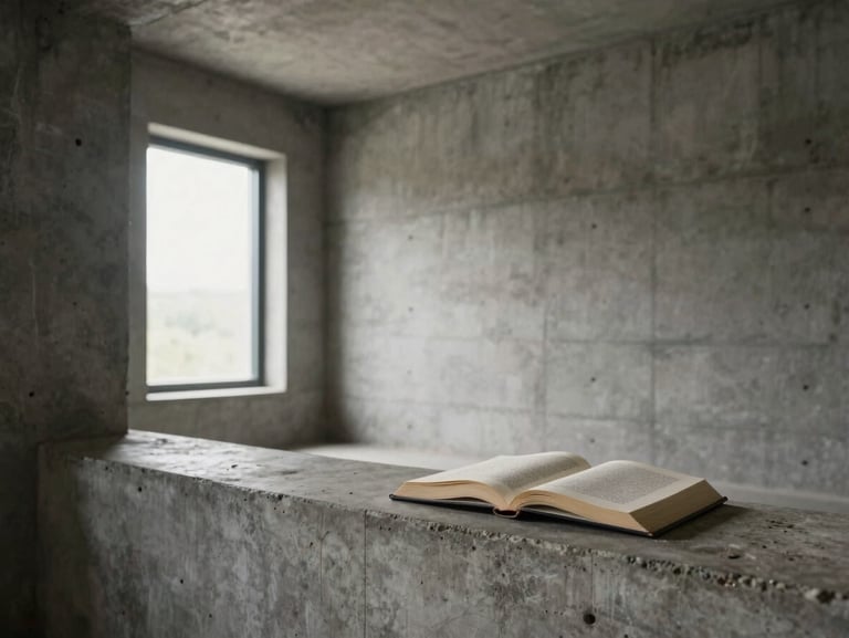 Interior of the Monolith House, raw concrete walls, a book left open on a low concrete ledge, soft window light.