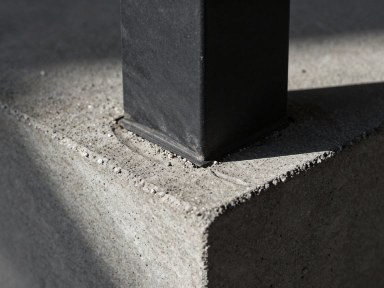 Extreme close-up of raw concrete grain meeting a matte black steel column, dramatic chiaroscuro lighting, sharp geometric shadows