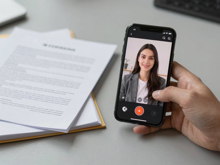 A professional workspace with a smartphone displaying a secure video call interface, next to a neat folder of papers, neutral lighting, transparent atmosphere.