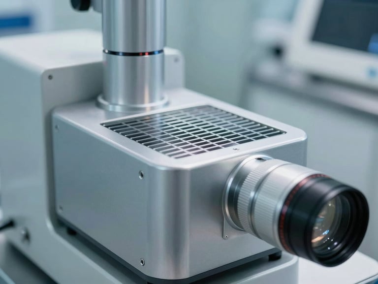 Close-up of high-end medical technology device in a pristine cleanroom, silver-metallic surface reflecting cool bright daylight, sharp focus on structural grid design.