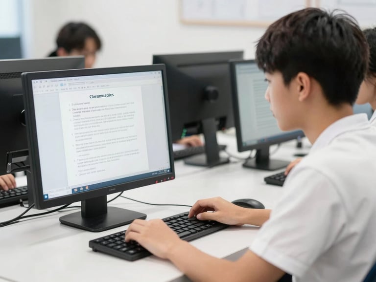 Bright editorial photography of a high school student sitting at a computer terminal, focused on a mock exam screen, clean classroom setting.