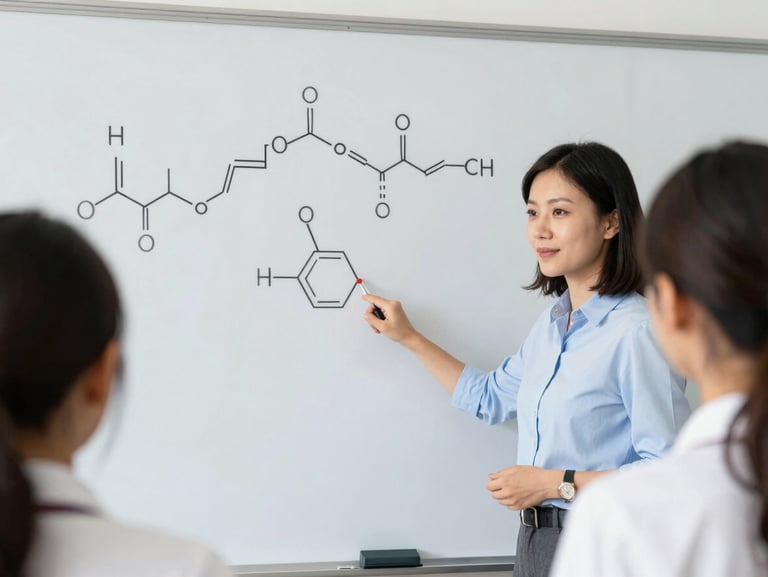 A teacher explaining a complex organic chemistry structure on a whiteboard to a student, medium close-up, natural daylight, authentic interaction.