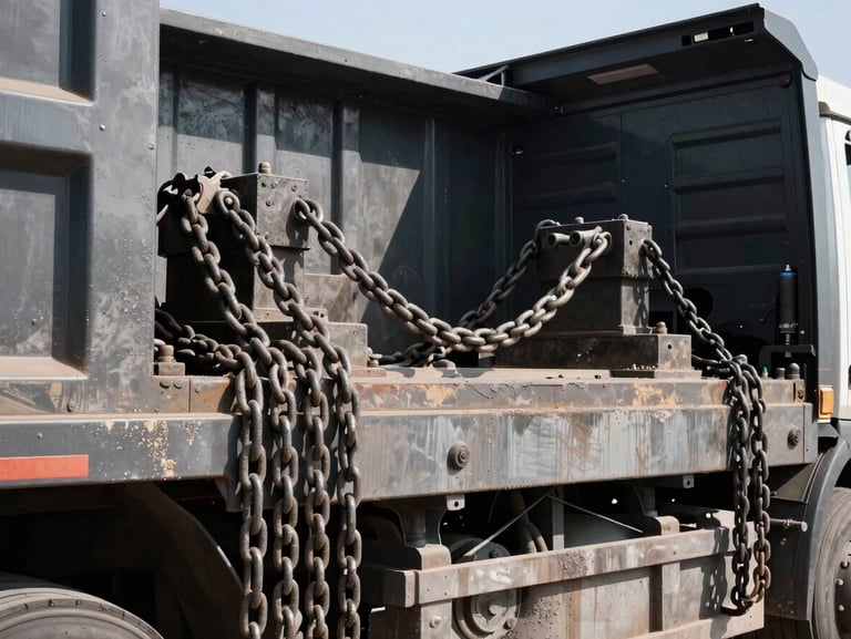 Tight industrial detail shot of heavy steel chains and hydraulic lifts on a commercial roll-off truck, high contrast, direct sunlight