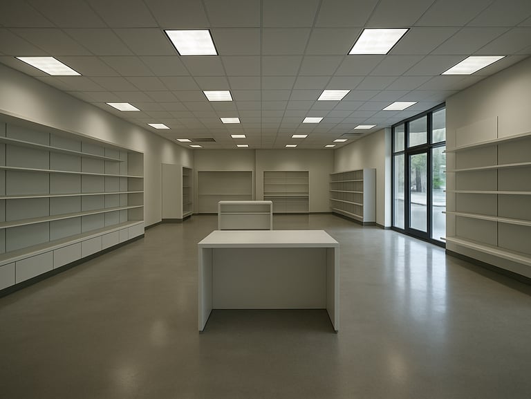 Wide-angle interior of an unoccupied commercial storefront or retail space, full environmental depth visible, neutral overhead lighting, clean floors and display fixtures empty, camera centered to capture complete room geometry