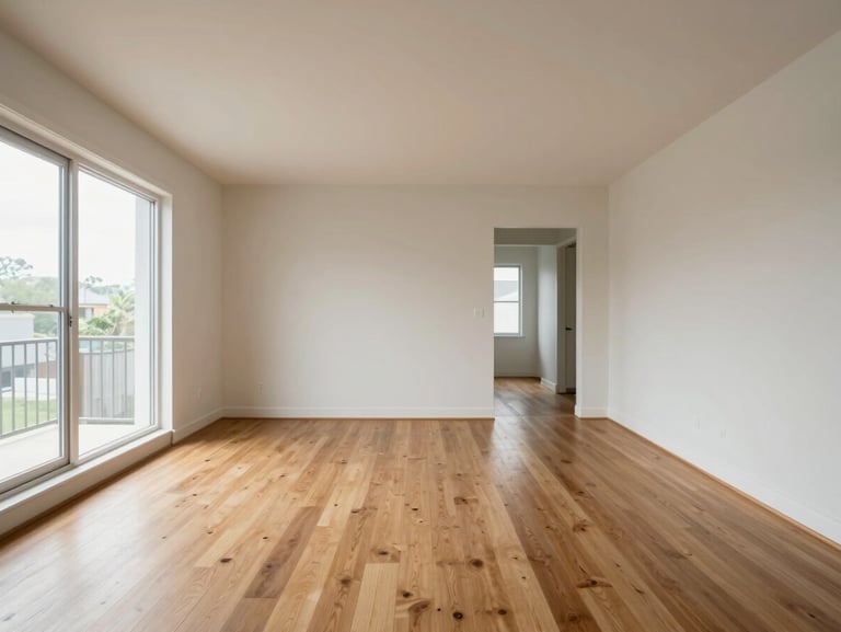 Wide-angle interior of an empty residential living room photographed in full environmental context, neutral daylight from a large window on the left, hardwood floors receding toward a hallway, no furnishings, clean architectural lines visible throughout