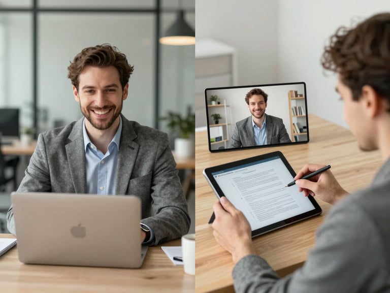 A split screen of a professional video call. On one side, a friendly consultant in a modern office; on the other, a client reviewing a digital document on a tablet.