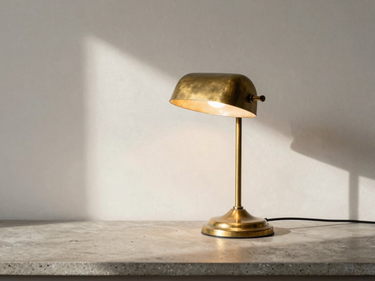 A mid-century solid brass desk lamp on a concrete countertop, warm natural light casting soft shadows, showing authentic patina, 35mm lens