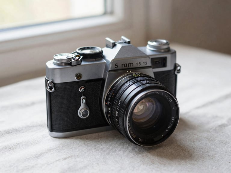 A classic 1960s mechanical rangefinder camera on a clean linen surface, soft side light highlighting the metal texture and honest wear, 35mm lens