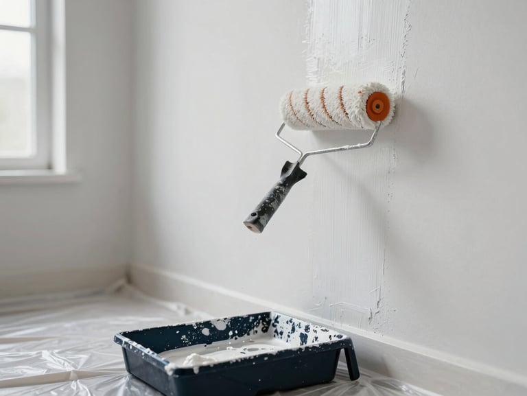 Paint roller in motion on a white interior wall, fresh paint streak visible mid-stroke, paint tray on a plastic-sheeted floor, diffused window light, no people visible
