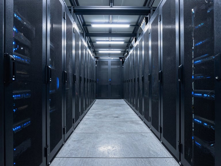Wide geometric architectural shot of a high-security server facility corridor, low-key cold-storage blue lighting, sharp terminal reflections on polished concrete