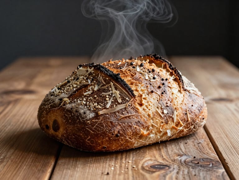 Soft Scandinavian daylight on a rustic wooden table with fresh sourdough, steam rising, dark background, macro texture.