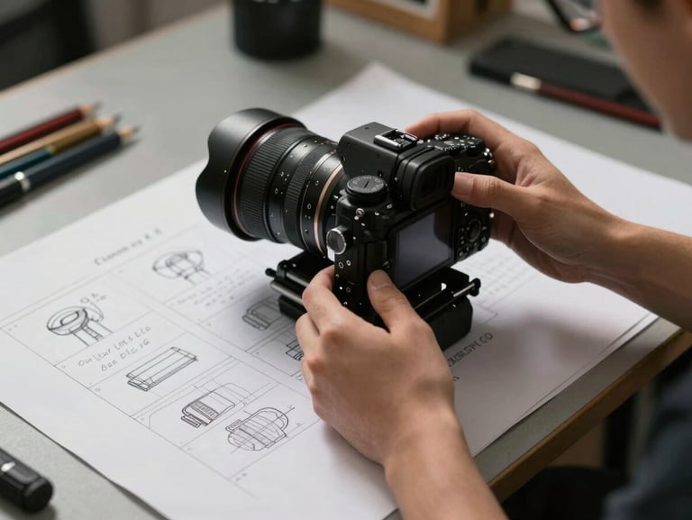Hands adjusting a camera rig over storyboards on thick parchment paper, soft directional side lighting, professional workspace.