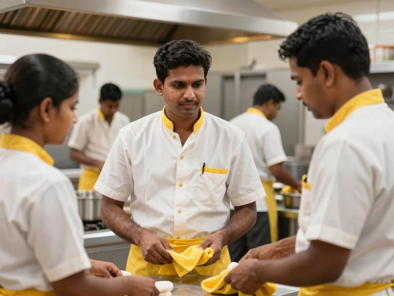 Active hospitality staff in crisp uniforms working in a bright commercial kitchen in Chennai, clean commercial photography, bright natural daylight, high-contrast warm tones with yellow accents, sharp focus, 35mm lens
