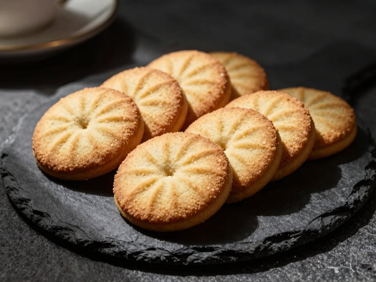 Gourmet artisanal biscuits arranged elegantly on a dark slate plate, warm side lighting, high-contrast editorial photography, 35mm