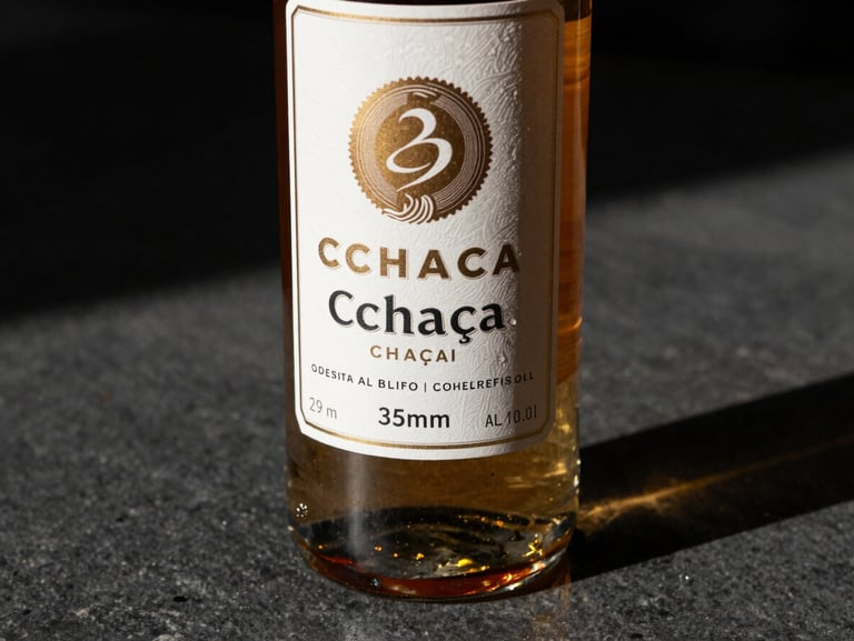Sharp close-up of a premium artisanal cachaça bottle on a dark stone surface, dramatic side lighting, high-contrast editorial photography, 35mm