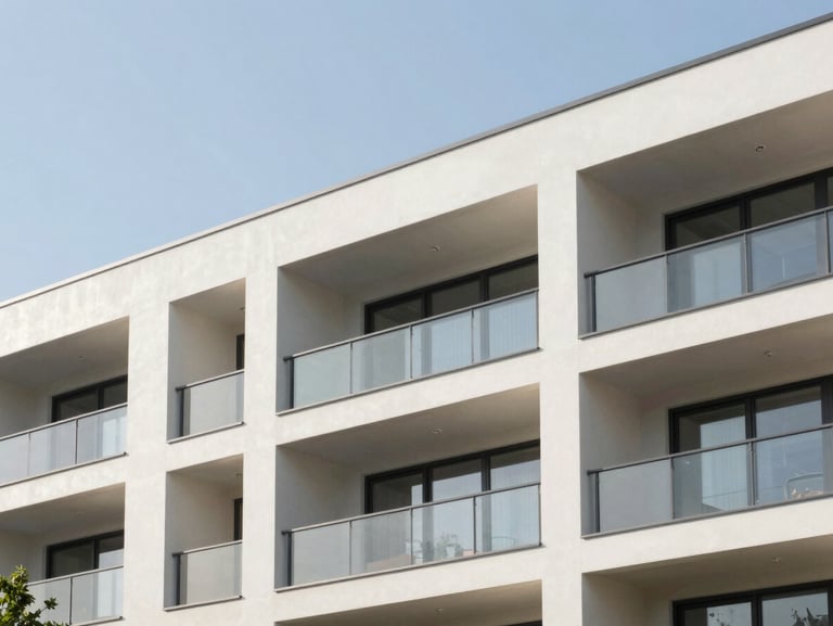 Crisp architectural photography of a modern multi-family residential building with clean geometric lines, bright natural daylight, neutral tones, 35mm