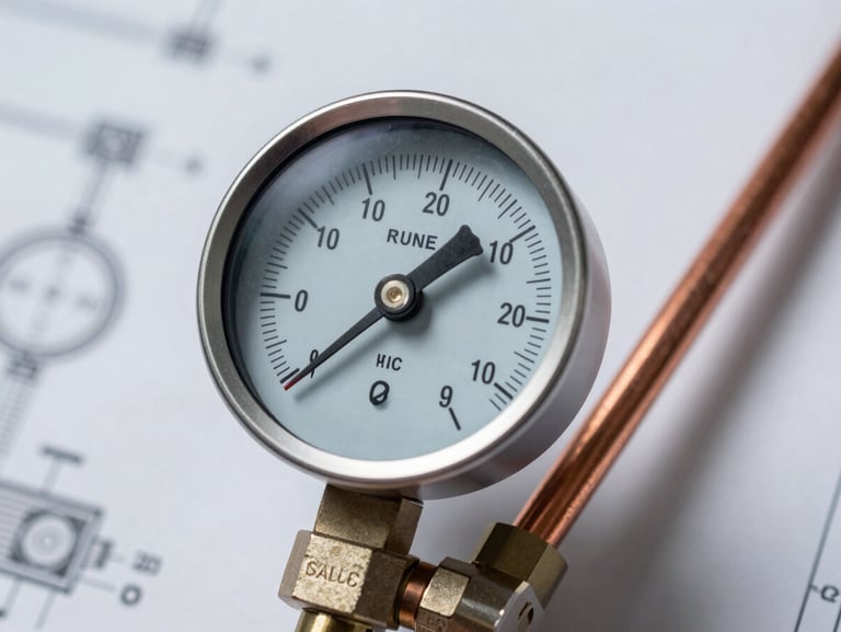Macro shot of a digital manifold gauge displaying precise pressure readings on a copper line set, high-contrast crisp work light, technical blueprint style.