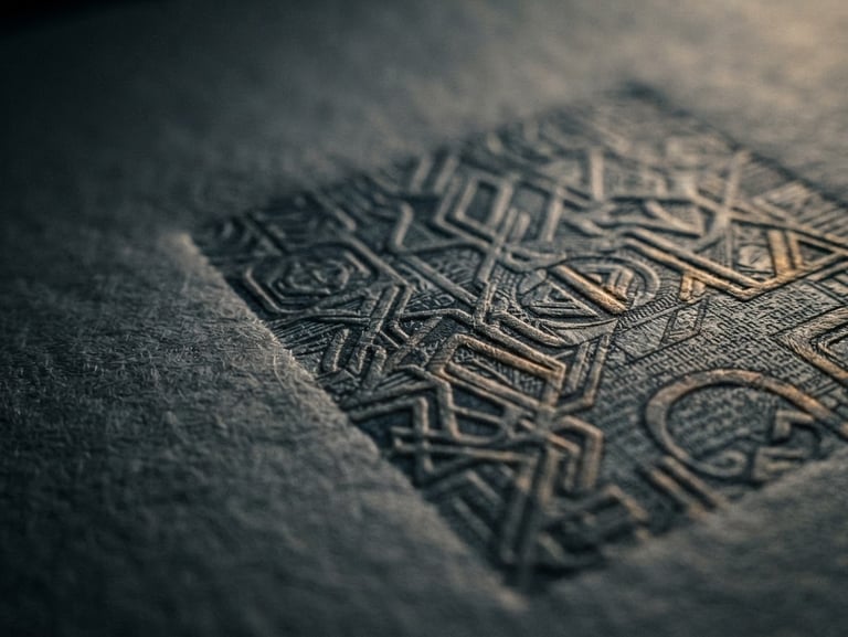 Extreme close-up of a secure corporate document watermark under dramatic low-key side-lighting, deep blue and slate tones, sharp paper fibers visible, editorial forensic photography.