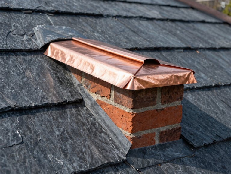 Macro close-up of heavy-gauge copper flashing hand-fitted around a brick chimney on a dark slate roof, bright crisp morning light, 35mm