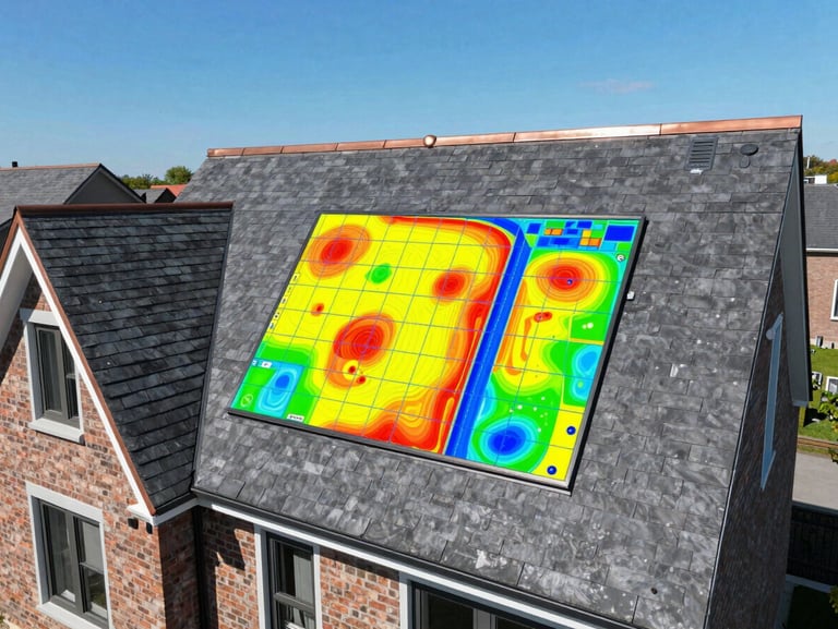 High-resolution drone shot overlooking a residential roof mapping software grid overlay, showing precise thermal diagnostics under bright clear sun, 35mm