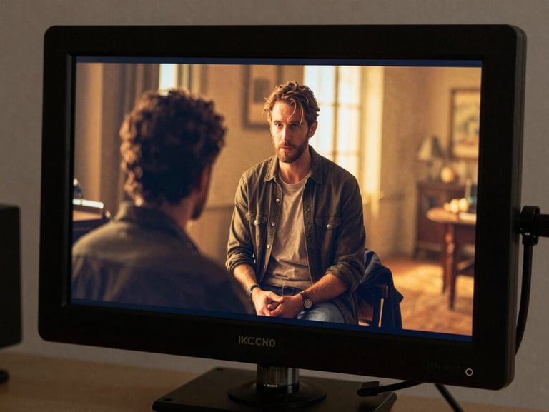 High-contrast video production still showing a director's monitor displaying a cinematic scene in warm golden tones