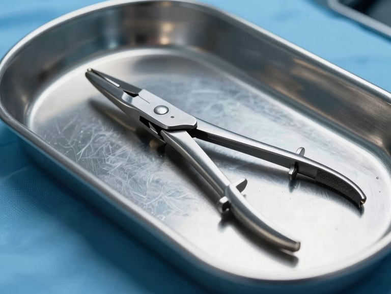 Macro shot of high-precision surgical steel laparoscopic forceps resting on a sterile metal tray, cool blue operating room lighting.