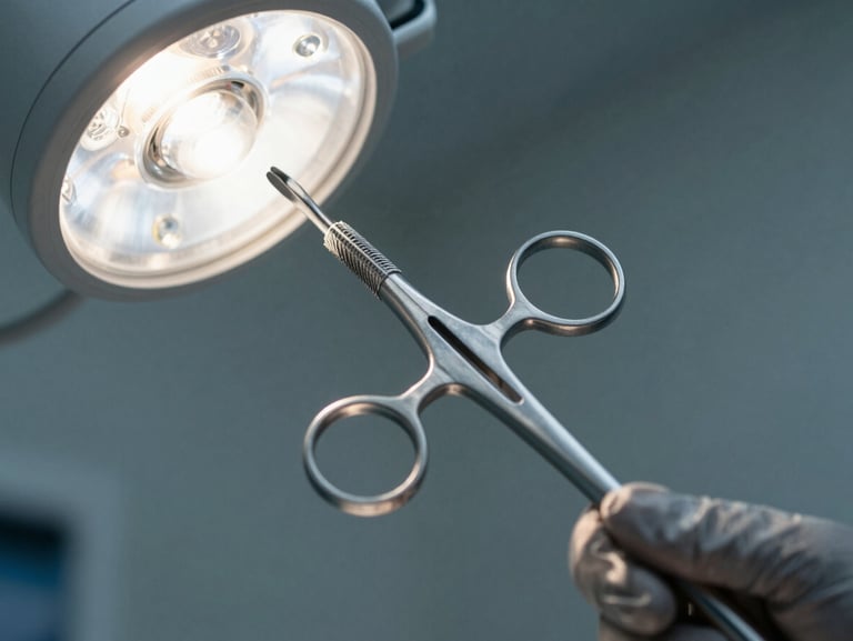 A close-up detail of high-precision surgical steel laparoscopic instruments under cool operating room lighting.