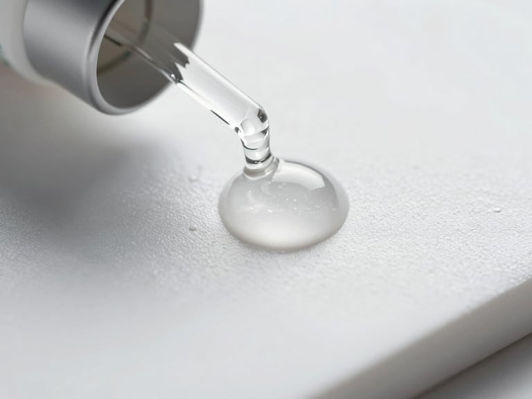 Macro shot of clinical skincare serum droplets on a pristine, sterile white laboratory surface with soft silver reflections.