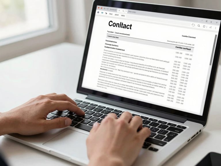 Close-up of hands on a laptop keyboard, screen showing a detailed Italian loan contract with TAEG figures and monthly payment breakdown visible, clean desk surface, bright natural office light from the left