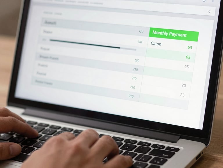 Close-up of hands on a laptop keyboard, screen showing a clean loan calculator interface with amount slider and monthly payment result highlighted in green, bright studio lighting, sharp focus on the screen numbers