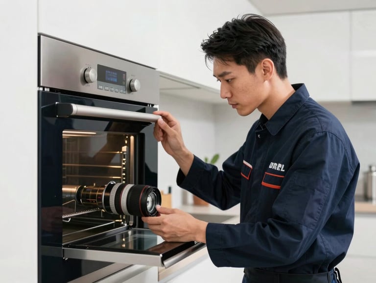Straight-on medium shot of a focused technician in a clean, branded navy uniform calibrating a high-end built-in kitchen oven, bright clinical lighting, clean workspace